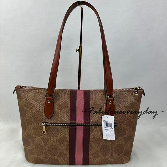 Coach Gallery Tote Bag In Signature Canvas W/ Stripe Print CBM18 Gold/Tan Multi - Picture 3 of 13